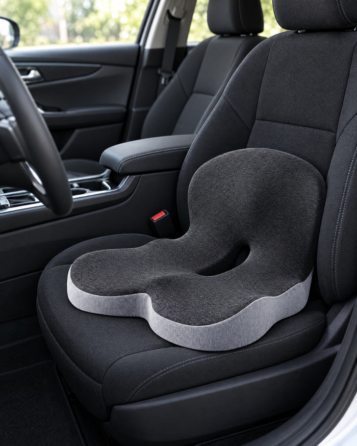 Almohadón ortopédico sobre el asiento de un auto