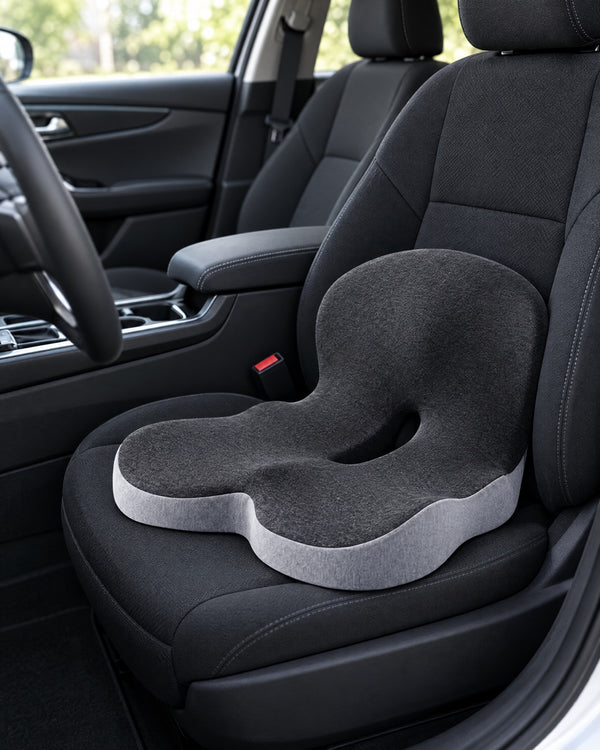 Almohadón ortopédico sobre el asiento de un auto