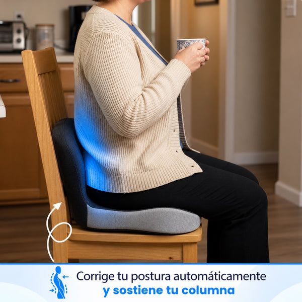 Mujer sentada con el almohadón en una silla de madera
