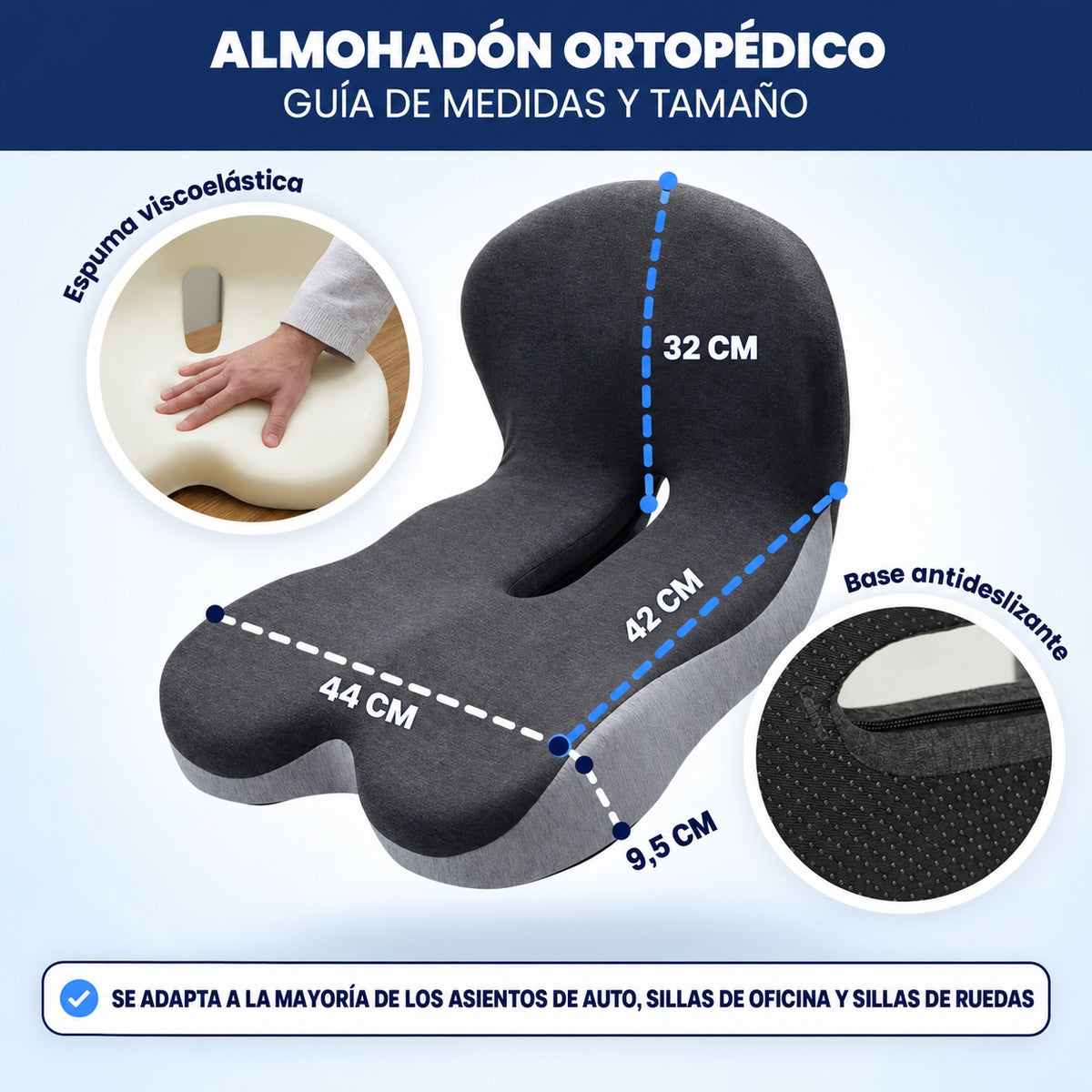 Guía de medidas del almohadón: 44 cm de ancho, 42 cm de profundidad y 32 cm de alto del respaldo